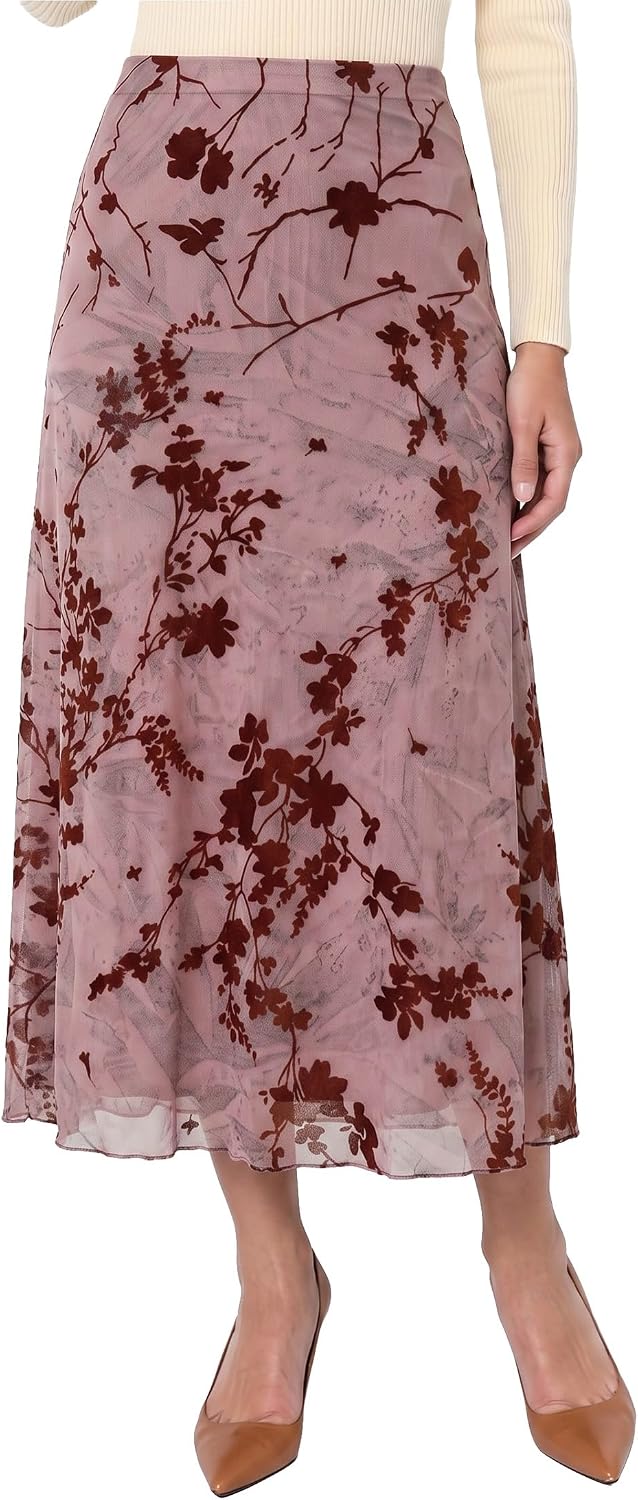 Pink Queen Women's A Line Mesh Floral Midi Skirts Y2k Gothic Outfits