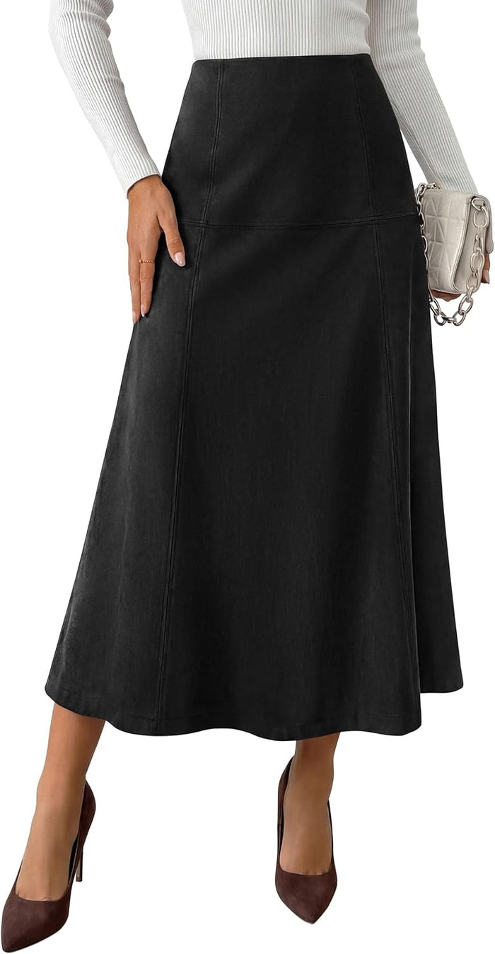 PRETTYGARDEN Womens High Waist Faux Suede A Line Midi Skirt