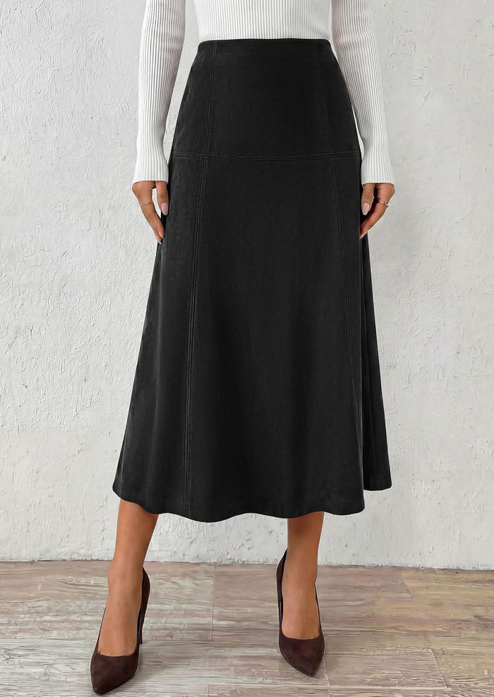 PRETTYGARDEN Womens High Waist Faux Suede A Line Midi Skirt