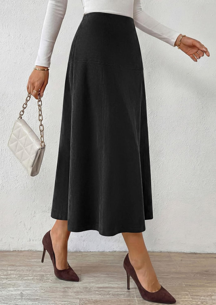 PRETTYGARDEN Womens High Waist Faux Suede A Line Midi Skirt