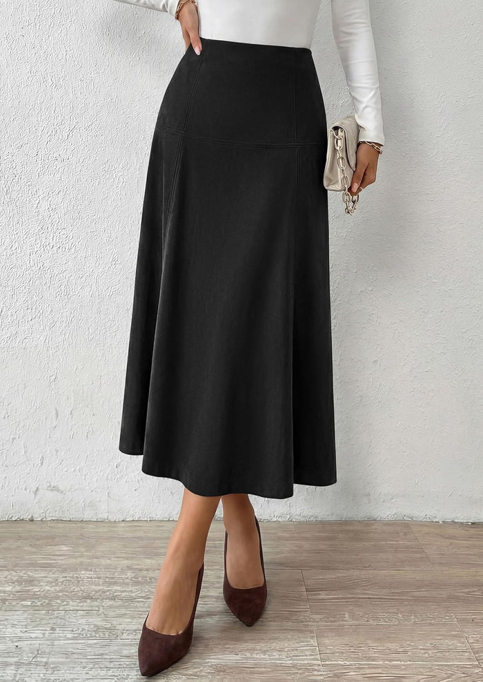 PRETTYGARDEN Womens High Waist Faux Suede A Line Midi Skirt