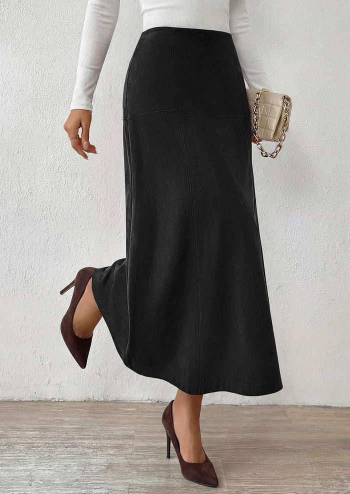 PRETTYGARDEN Womens High Waist Faux Suede A Line Midi Skirt