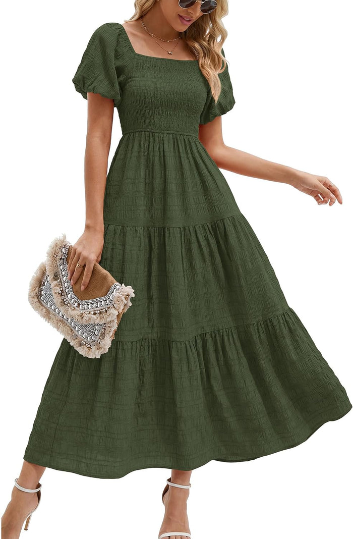 PRETTYGARDEN Womens Puff Short Sleeve Maxi Dress