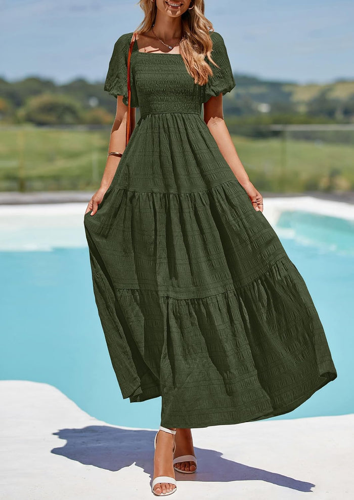 PRETTYGARDEN Womens Puff Short Sleeve Maxi Dress
