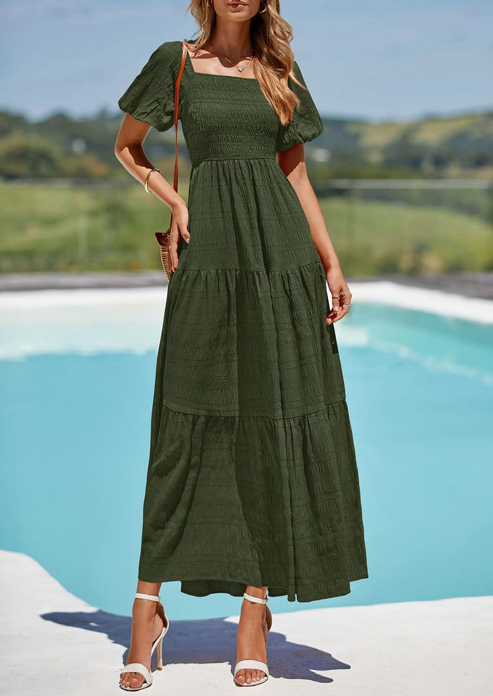 PRETTYGARDEN Womens Puff Short Sleeve Maxi Dress