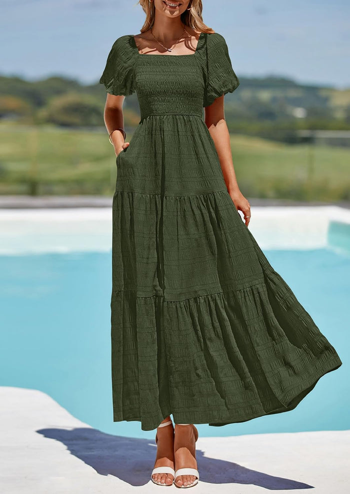 PRETTYGARDEN Womens Puff Short Sleeve Maxi Dress