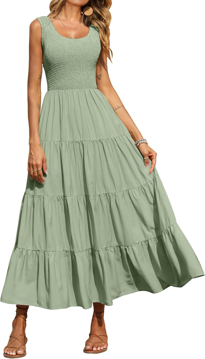 PRETTYGARDEN Women's Smocked Tank Casual Plain Maxi Sundress with Pockets