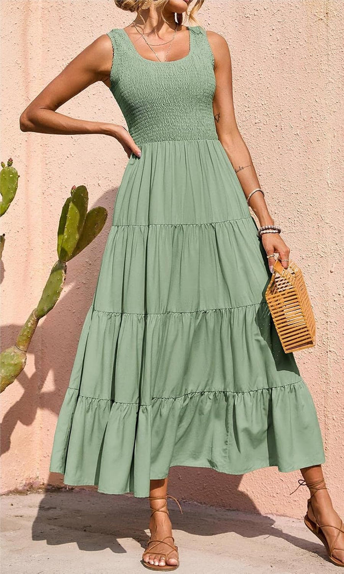 PRETTYGARDEN Women's Smocked Tank Casual Plain Maxi Sundress with Pockets
