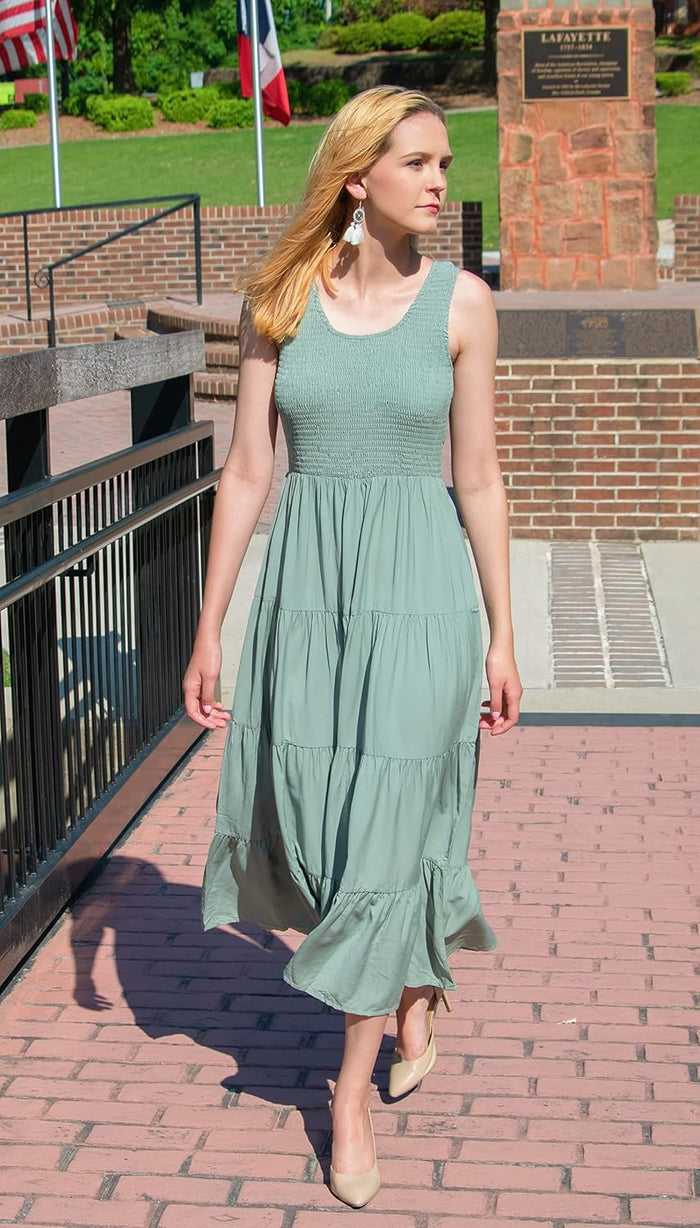 PRETTYGARDEN Women's Smocked Tank Casual Plain Maxi Sundress with Pockets