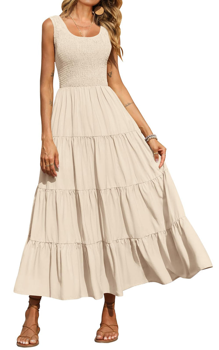 PRETTYGARDEN Women's Smocked Tank Casual Plain Maxi Sundress with Pockets