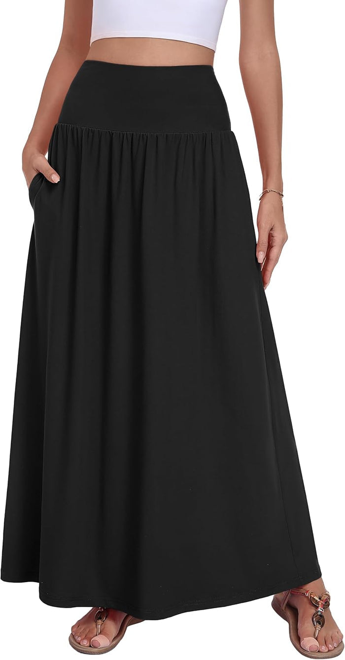 QUEZHU Women Maxi Long Skirts Casual A-line Elastic High Waist Flowy Skirt