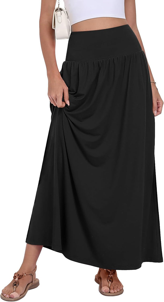 QUEZHU Women Maxi Long Skirts Casual A-line Elastic High Waist Flowy Skirt