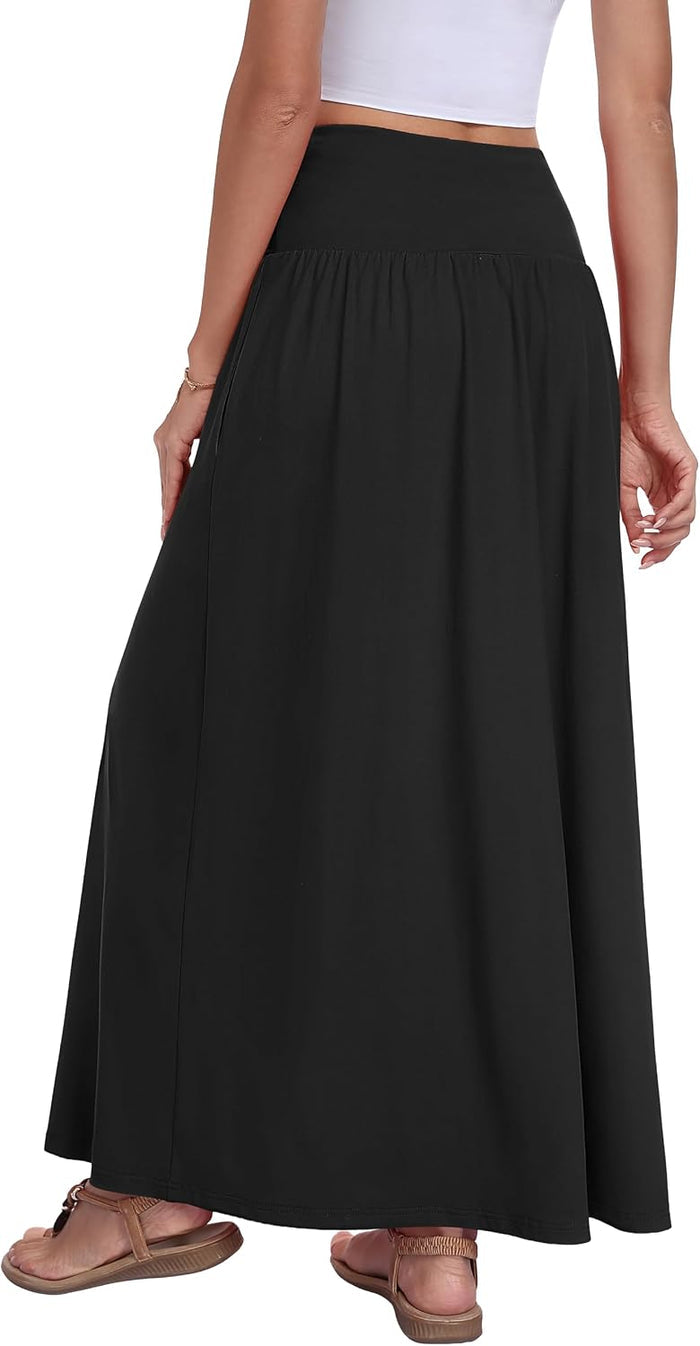 QUEZHU Women Maxi Long Skirts Casual A-line Elastic High Waist Flowy Skirt