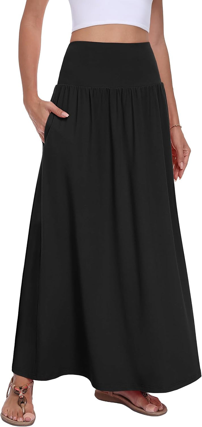QUEZHU Women Maxi Long Skirts Casual A-line Elastic High Waist Flowy Skirt