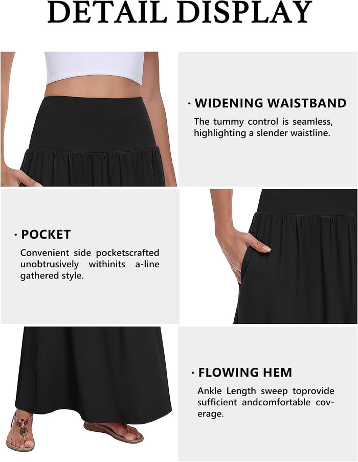 QUEZHU Women Maxi Long Skirts Casual A-line Elastic High Waist Flowy Skirt