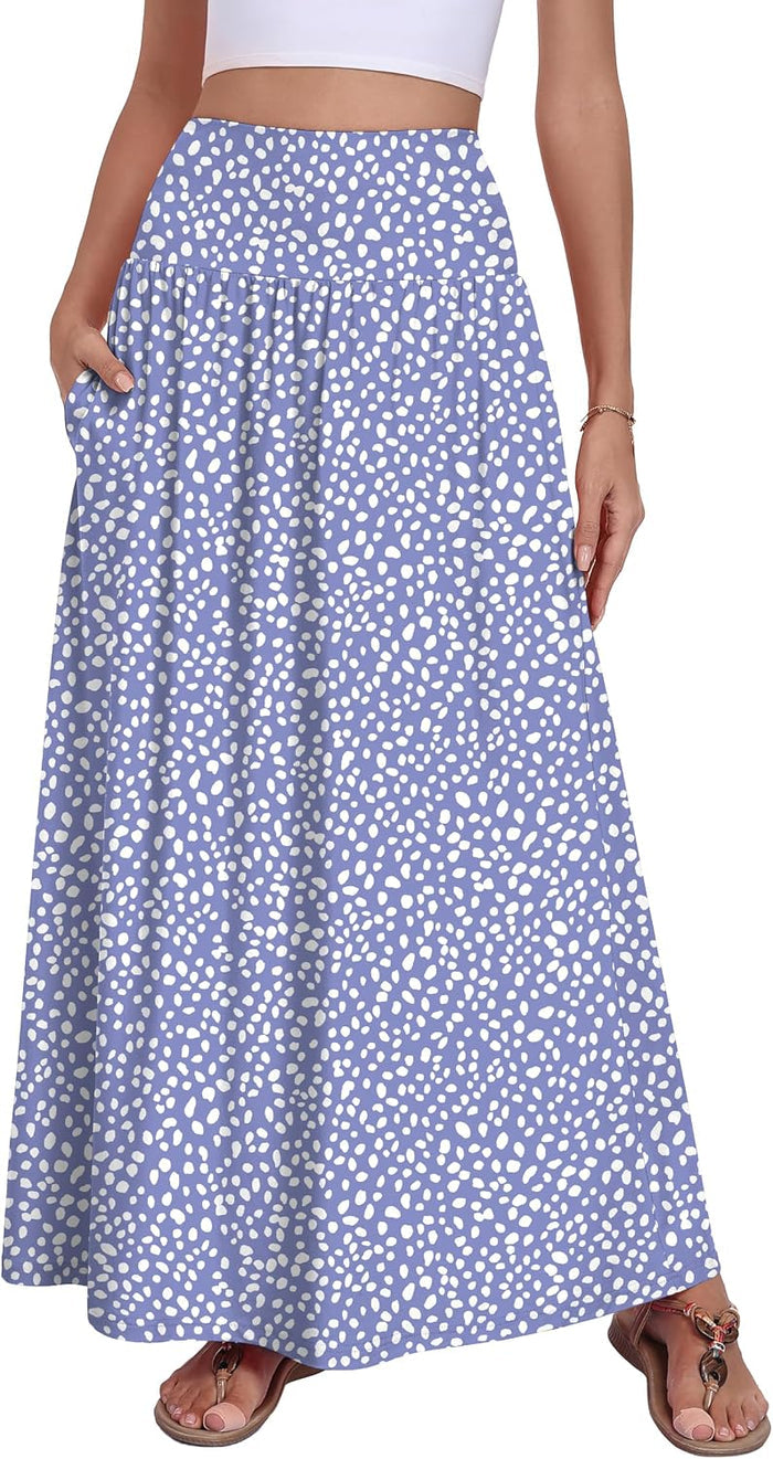 QUEZHU Women Maxi Long Skirts Casual A-line Elastic High Waist Flowy Skirt