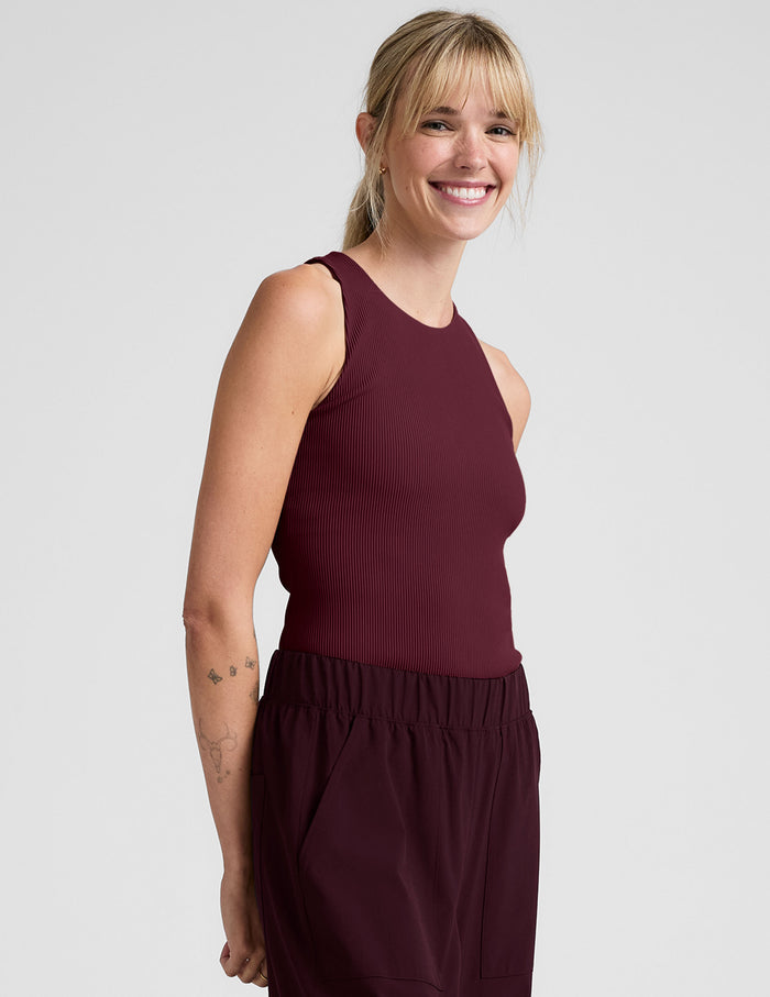 red high-neck ribbed racerback tank.