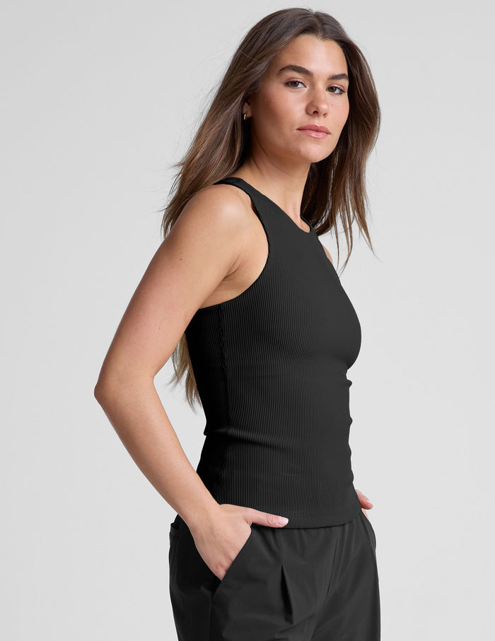black ribbed high-neck, racerback, classic length tank top.