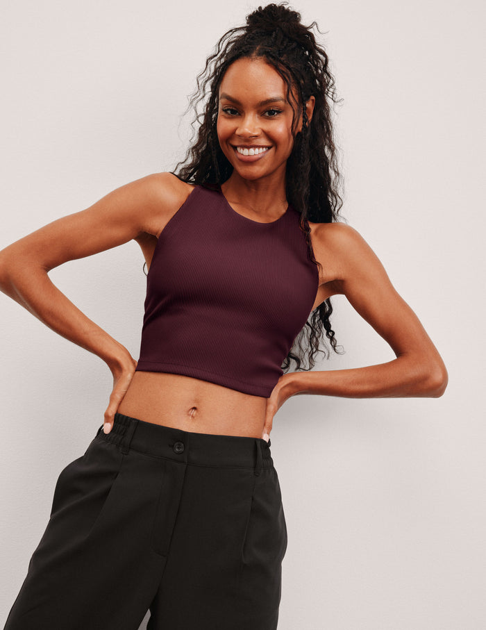 red ribbed high-neck cropped racerback tank.