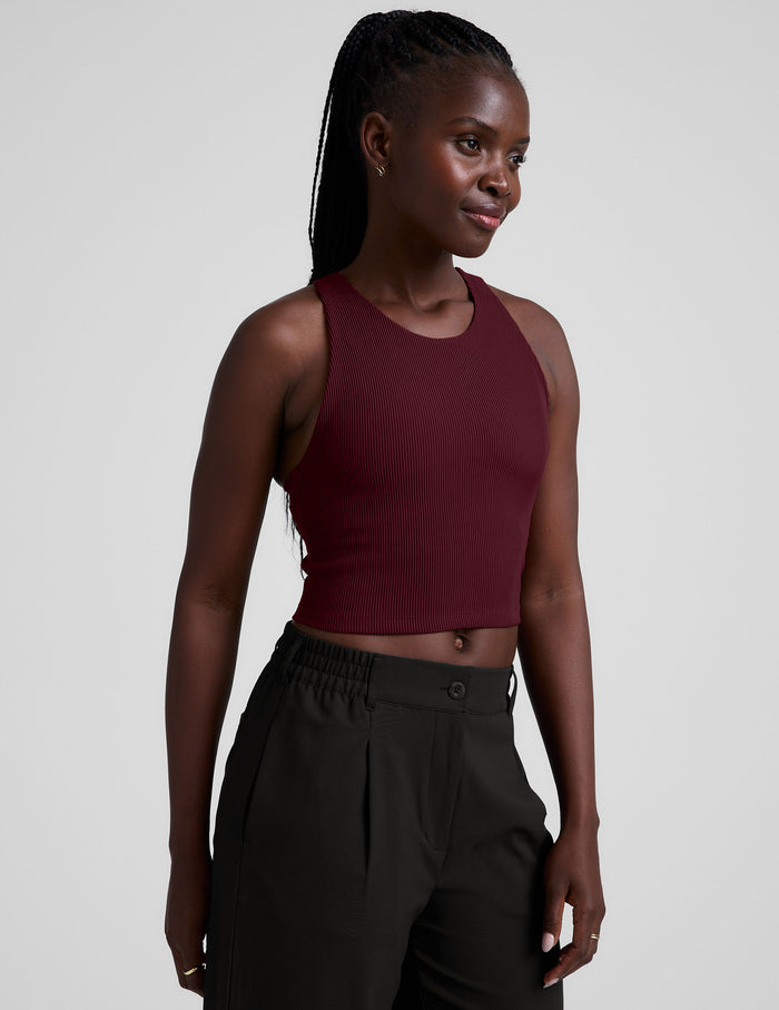 red ribbed high-neck cropped racerback tank.