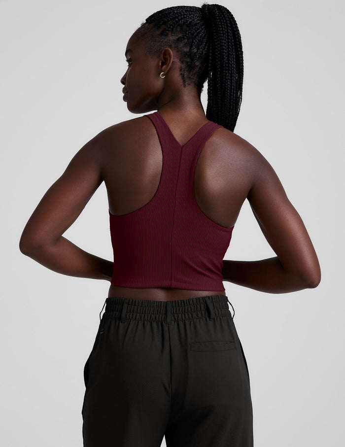 red ribbed high-neck cropped racerback tank.