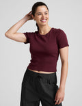red ribbed cropped t-shirt.