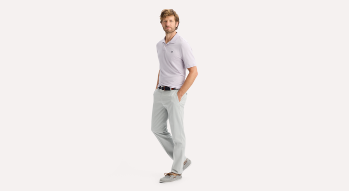 View of model wearing Thistle Rib Collar Polo, Slim Fit.