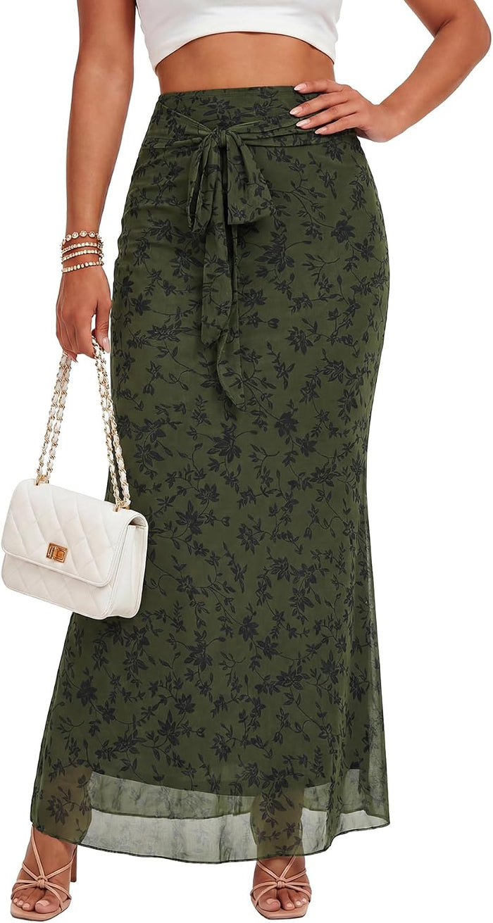 Rooscier Women's Mesh High Waisted Maxi Skirt