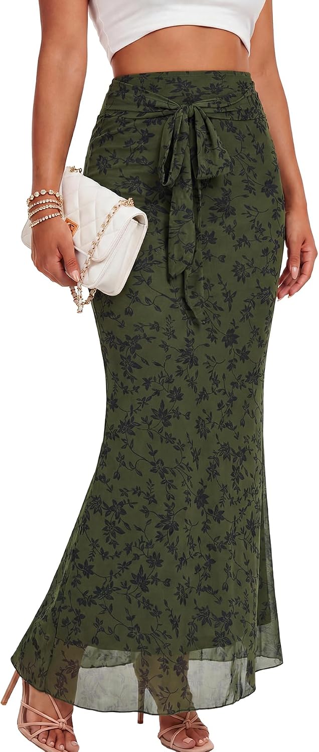 Rooscier Women's Mesh High Waisted Maxi Skirt