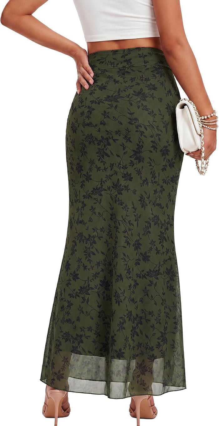 Rooscier Women's Mesh High Waisted Maxi Skirt