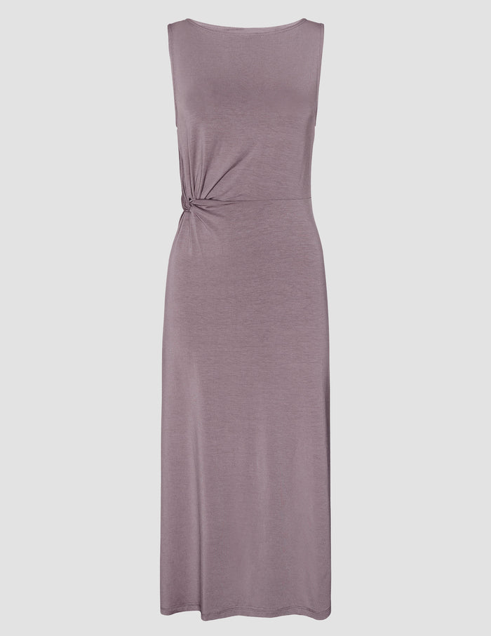 brown midi length dress with a side twist detail and side slit.