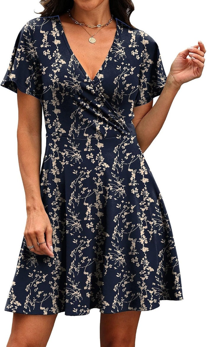 RUMIA Women Casual Dresses Wrap V Neck Dress A-Line Summer Sundress Fashion
