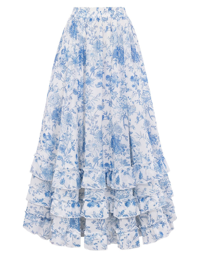 Scarlet Darkness Maxi Skirts for Women Floral Chiffon Ruffle Long Skirt