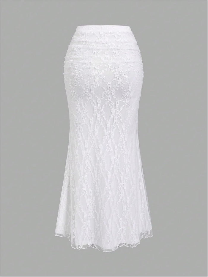 SHENHE Women's Elegant Lace Long Skirt Elastic High Waisted Ruched Bodycon Fishtail Skirt