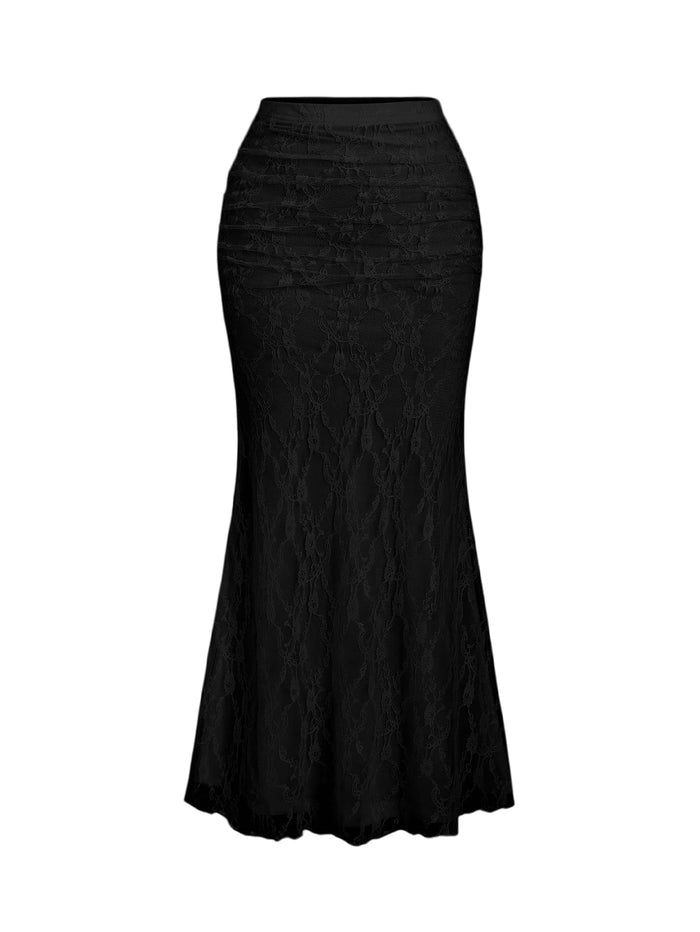 SHENHE Women's Elegant Lace Long Skirt Elastic High Waisted Ruched Bodycon Fishtail Skirt
