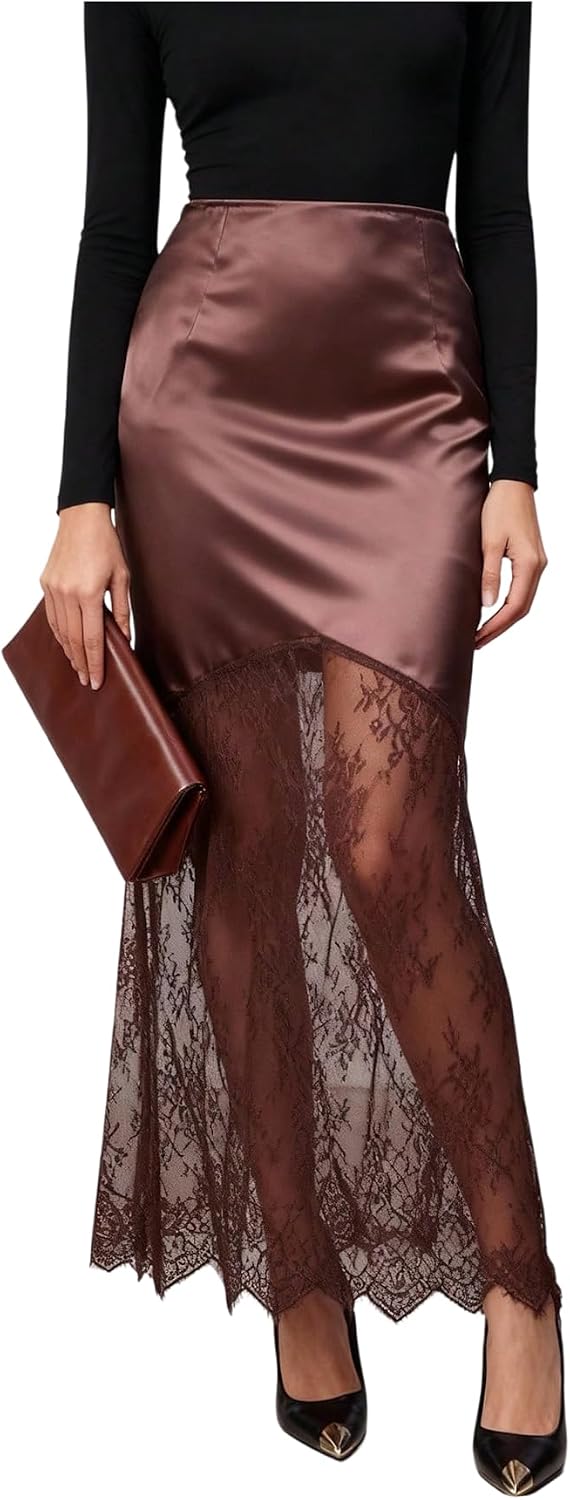 SHENHE Women's Floral Lace Satin Maxi Skirt High Waist Elegant Cocktail Party Fishtail Skirt