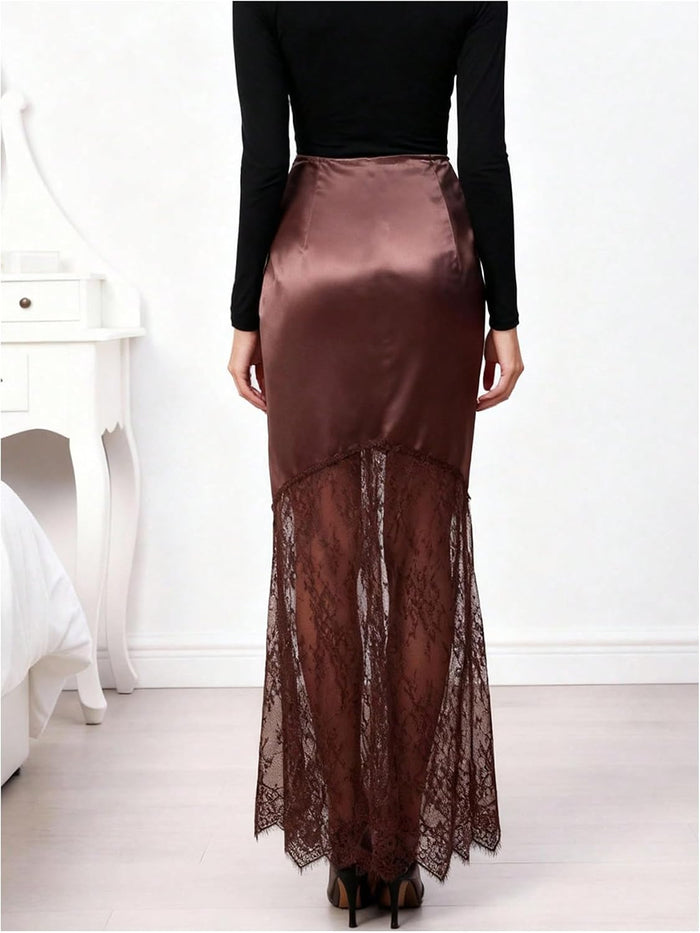SHENHE Women's Floral Lace Satin Maxi Skirt High Waist Elegant Cocktail Party Fishtail Skirt