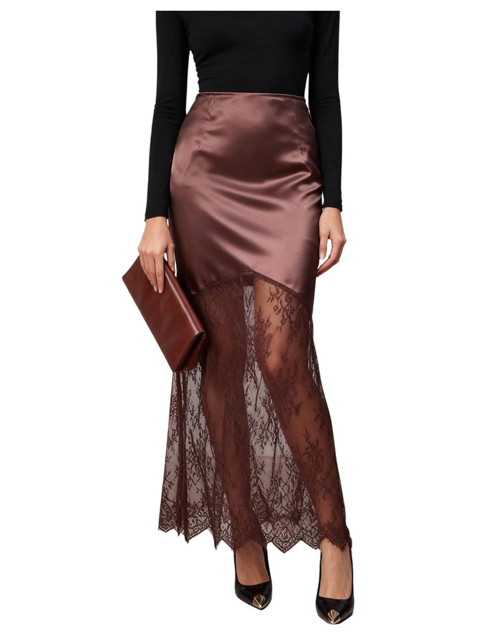 SHENHE Women's Floral Lace Satin Maxi Skirt High Waist Elegant Cocktail Party Fishtail Skirt