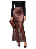 SHENHE Women's Floral Lace Satin Maxi Skirt High Waist Elegant Cocktail Party Fishtail Skirt