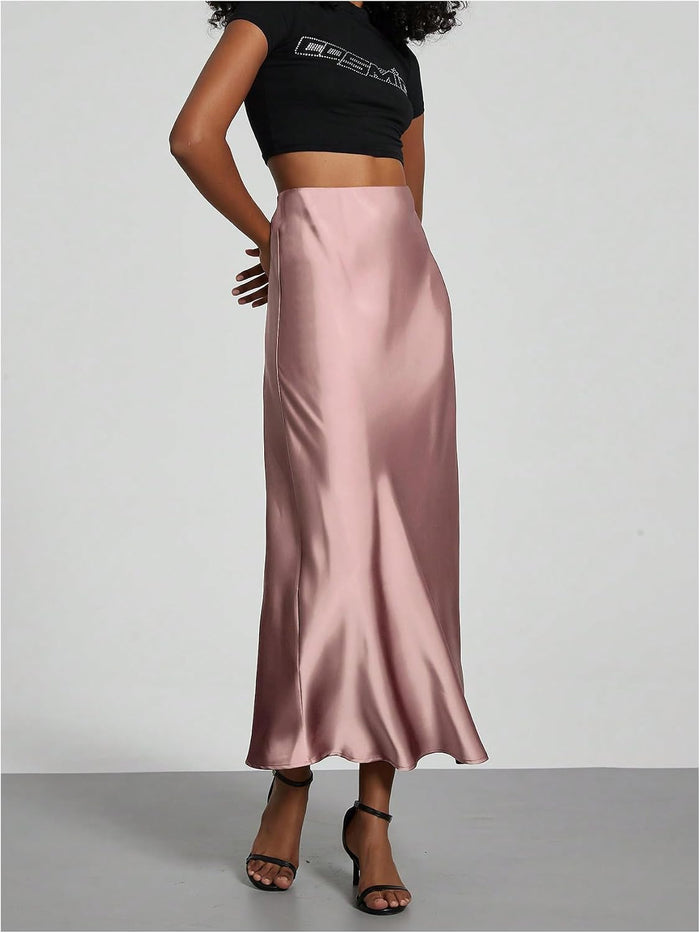 SHENHE Women's Satin Maxi High Waisted A Line Fishtail Skirt