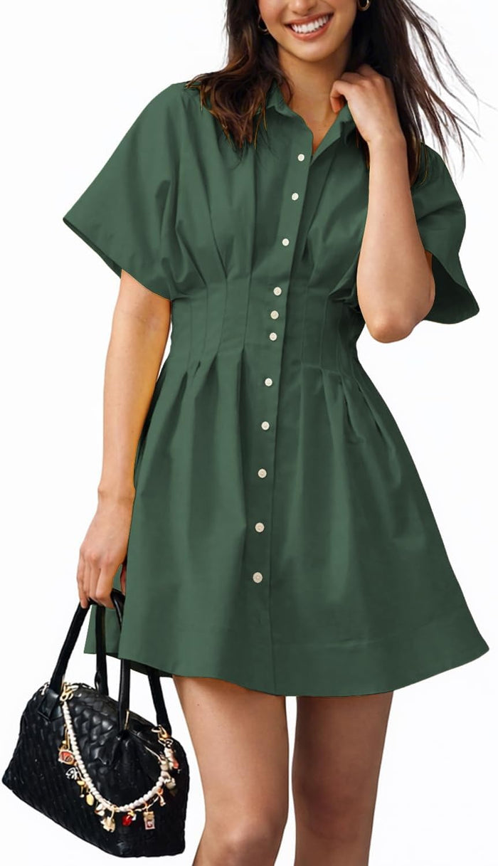 Shy Velvet Women's Mini Shirt Dress Button Down Short Sleeve Collared Dress
