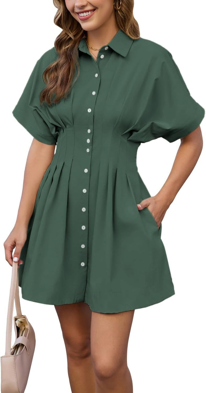 Shy Velvet Women's Mini Shirt Dress Button Down Short Sleeve Collared Dress