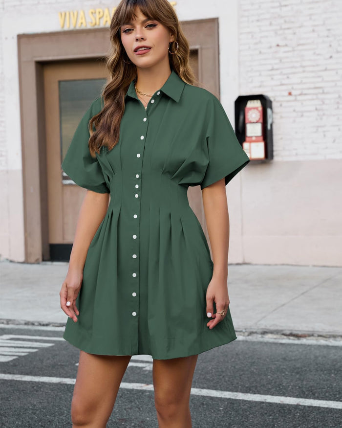 Shy Velvet Women's Mini Shirt Dress Button Down Short Sleeve Collared Dress