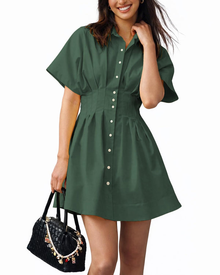 Shy Velvet Women's Mini Shirt Dress Button Down Short Sleeve Collared Dress