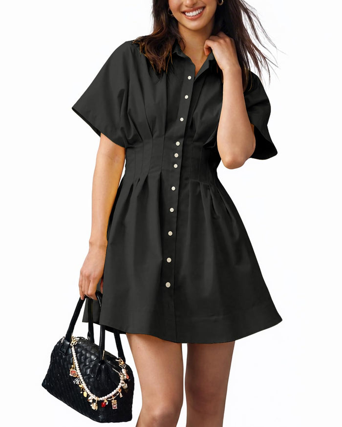 Shy Velvet Women's Mini Shirt Dress Button Down Short Sleeve Collared Dress