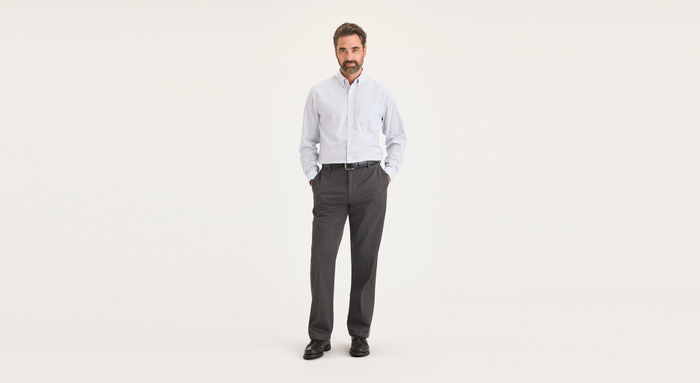 Front view of model wearing Charcoal Heather Signature Iron Free Khakis, Classic Fit with Stain Defender®.