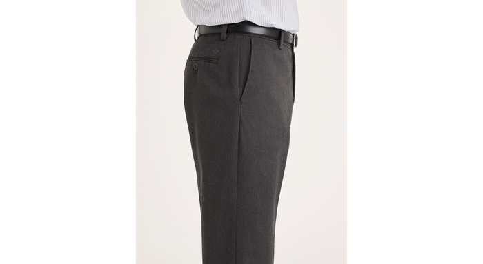 Side view of model wearing Charcoal Heather Signature Iron Free Khakis, Classic Fit with Stain Defender®.