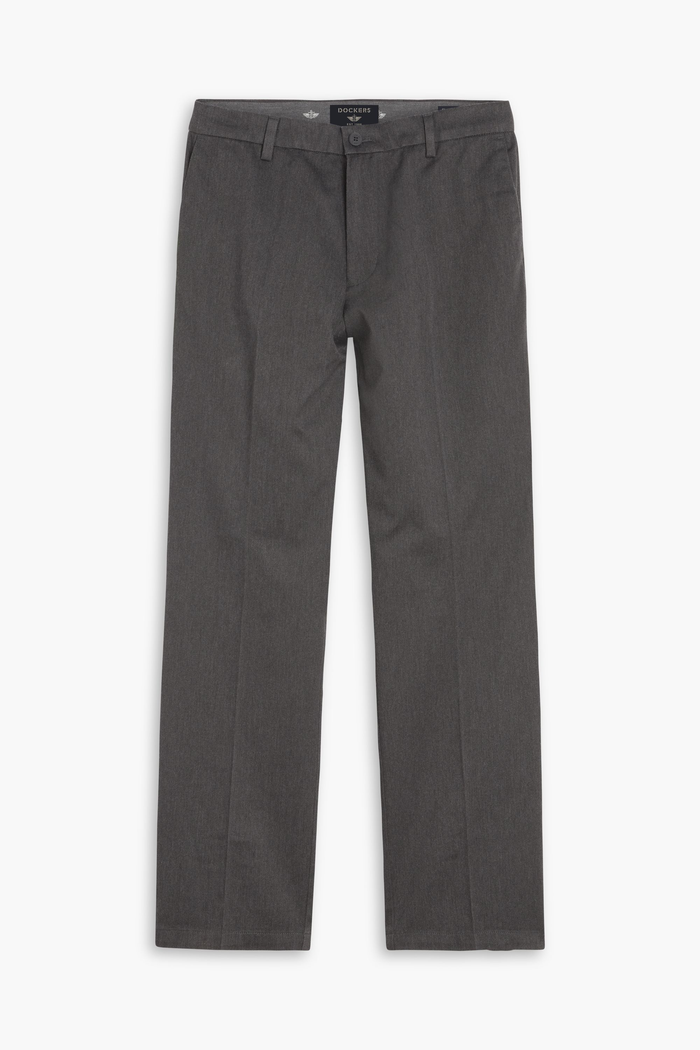View of model wearing Charcoal Heather Signature Iron Free Khakis, Classic Fit with Stain Defender®.