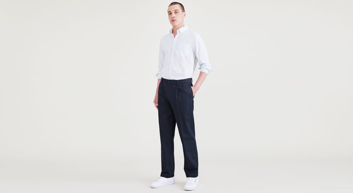 Front view of model wearing Navy Blazer Signature Iron Free Khakis, Pleated, Classic Fit with Stain Defender® (Big and Tall).