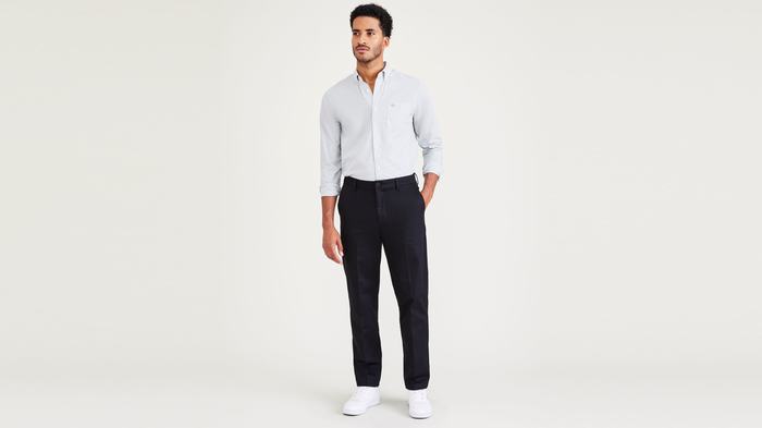 Front view of model wearing Beautiful Black Signature Iron Free Khakis, Straight Fit with Stain Defender®.
